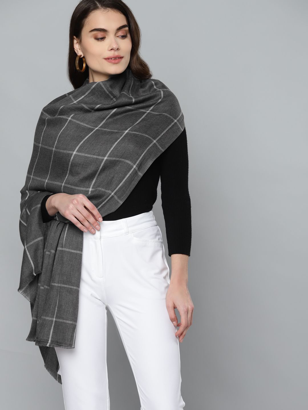 Femella Women Charcoal Grey & White Checked Cotton Scarf Price in India