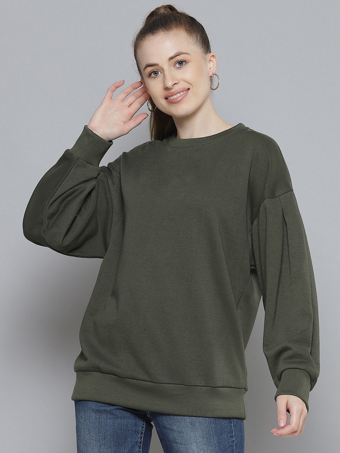 Femella Women Olive Green Fleece Sweatshirt Price in India