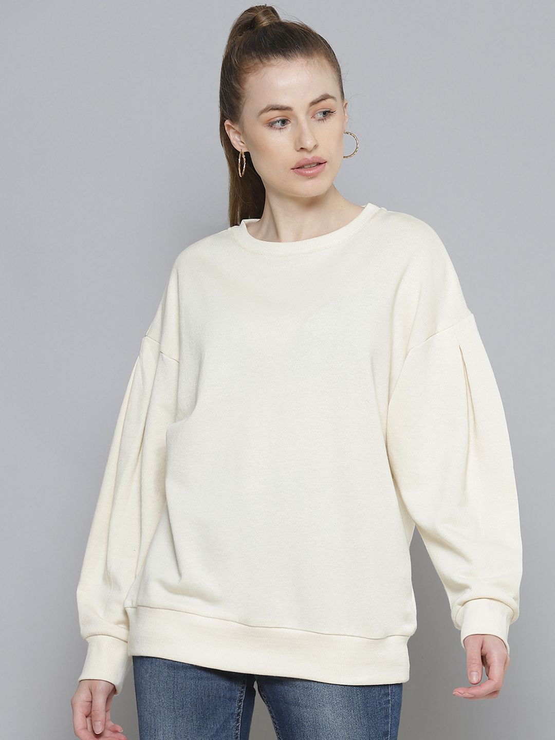 Femella Women Off White Fleece Sweatshirt Price in India