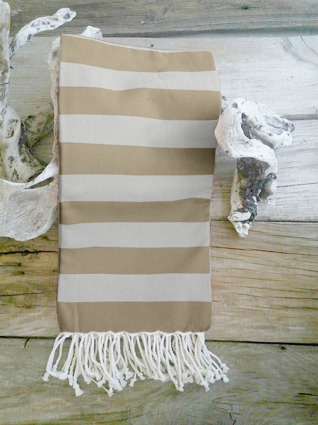 Lushomes Off White & Beige Cotton Striped Hammam Biscuit Fouta Towel with Fringes Price in India