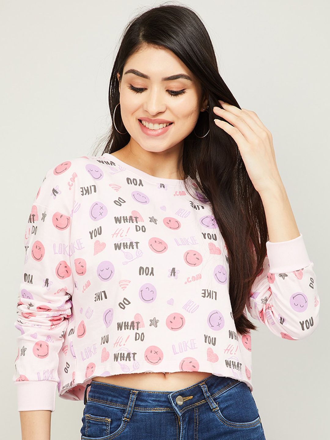 SmileyWorld Women Peach-Coloured Printed Sweatshirt Price in India