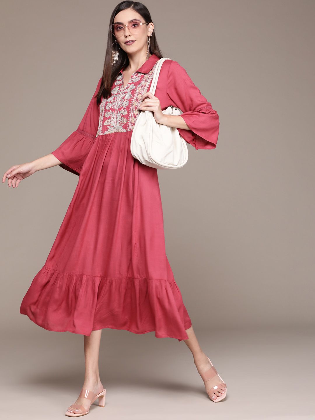 aarke Ritu Kumar Women Pink & White Ethnic Motifs Embroidered Shirt Midi Dress Price in India