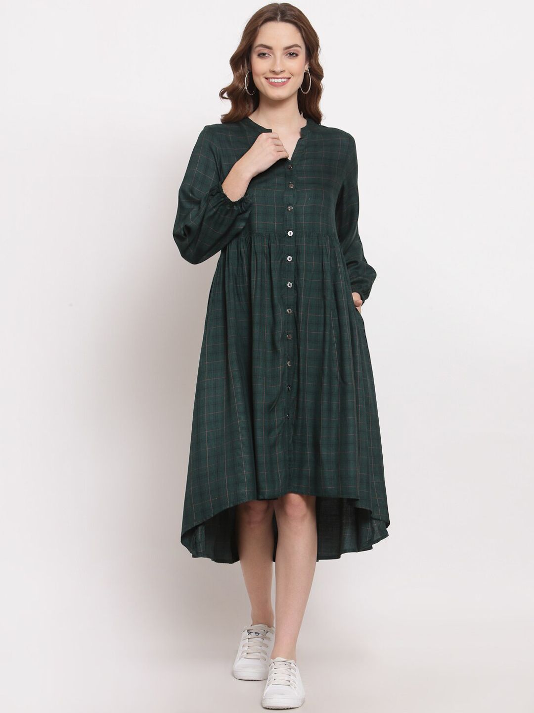 TERQUOIS Women Green & Pink Checked Shirt Midi Dress Price in India
