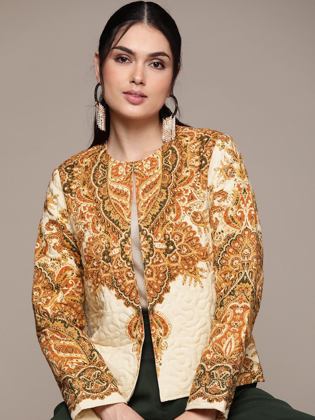 aarke Ritu Kumar Women Cream-Coloured Orange Crop Open Front Jacket Price in India