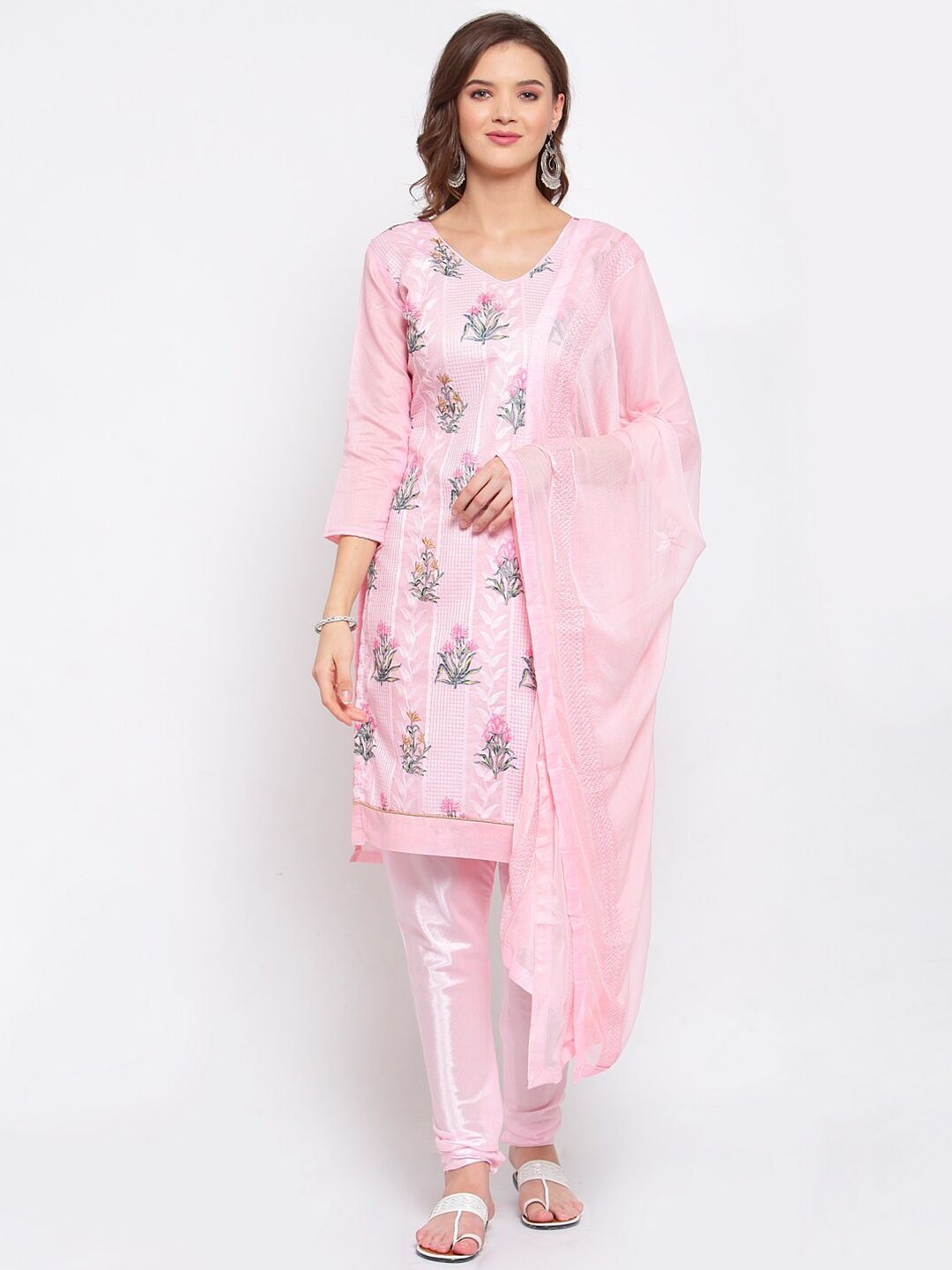 SERONA FABRICS Pink & Green Embroidered Unstitched Dress Material Price in India