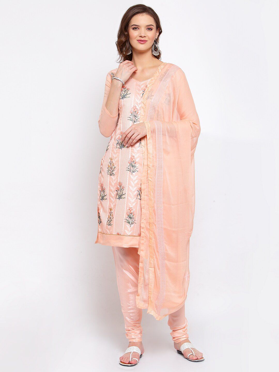 SERONA FABRICS Women Peach Floral Printed Unstitched Dress Material Price in India