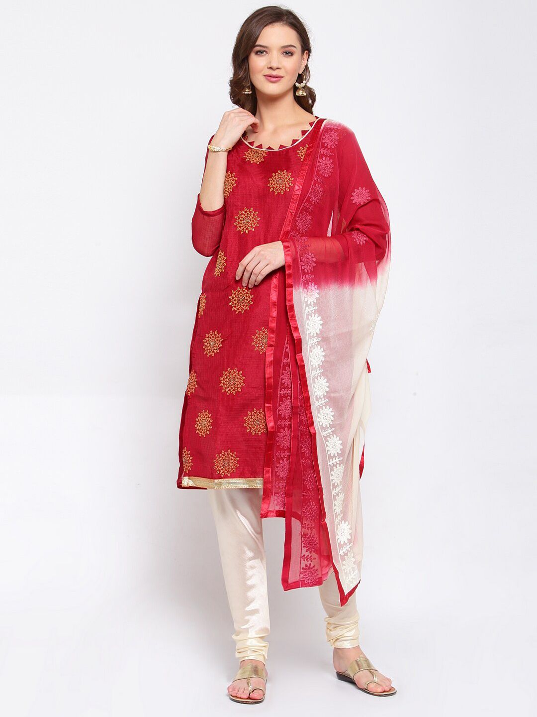 SERONA FABRICS Red & White Printed Unstitched Dress Material Price in India