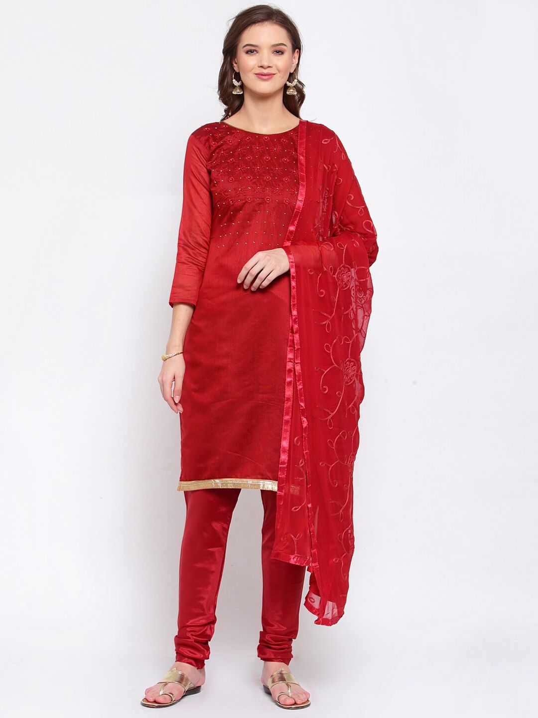 SERONA FABRICS Red Embroidered Unstitched Dress Material Price in India