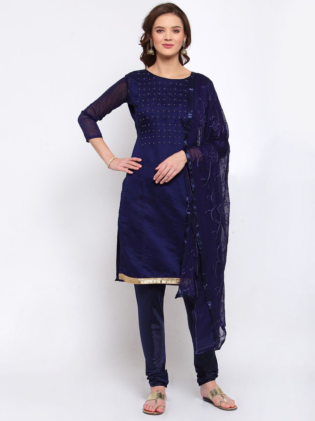 SERONA FABRICS Blue & Gold-Toned Embroidered Unstitched Dress Material Price in India