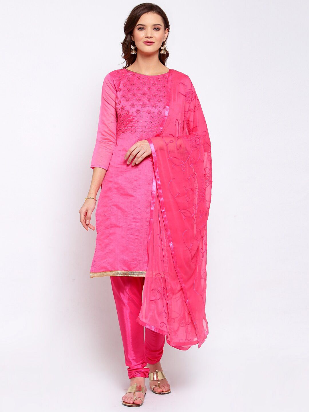 SERONA FABRICS Pink Embroidered Chanderi Unstitched Dress Material Price in India