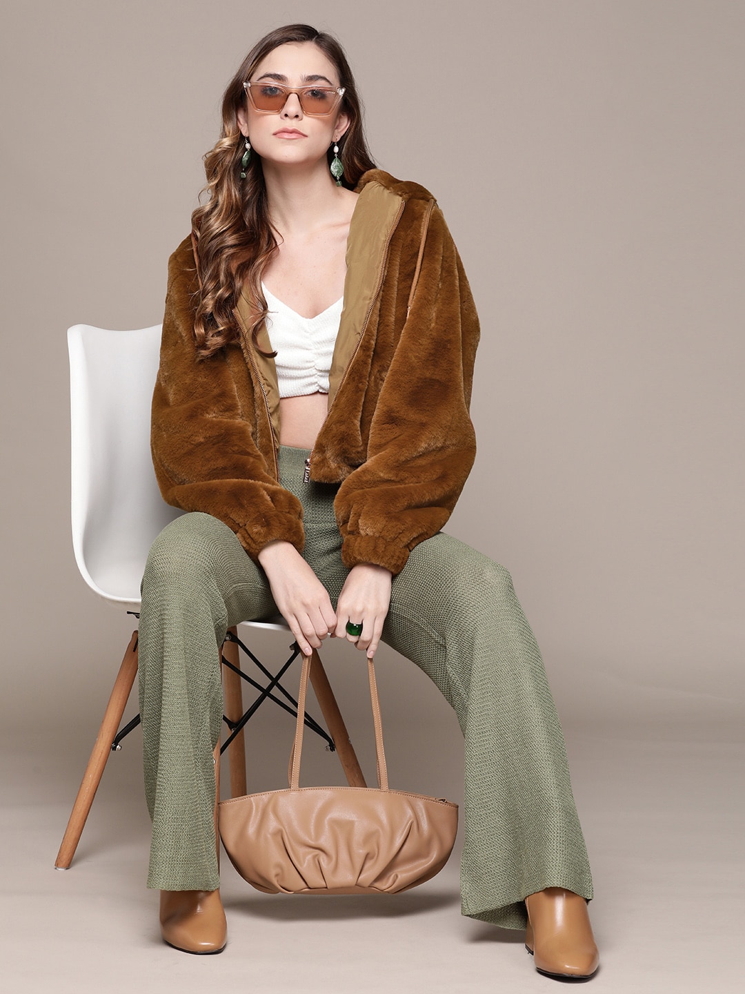 Label Ritu Kumar Women Brown Crop Open Front Faux Fur Jacket Price in India
