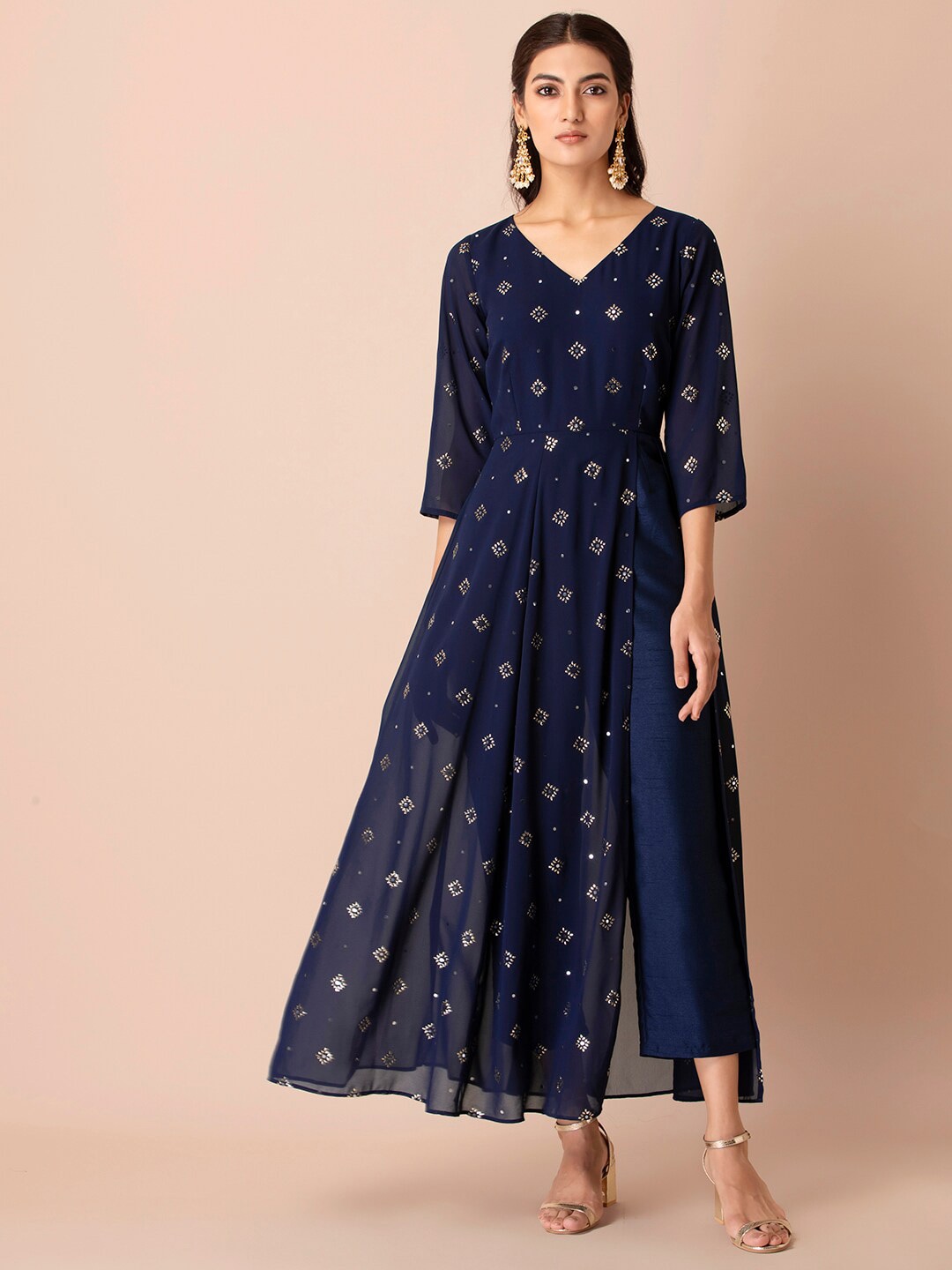 INDYA Blue & Gold Foil Printed Jumpsuit with Attached Pants Price in India
