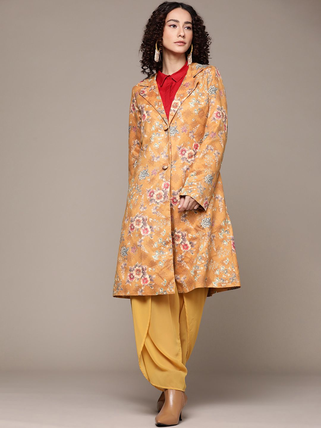 Ritu Kumar Women Yellow Floral Suede Longline Open Front Jacket Price in India