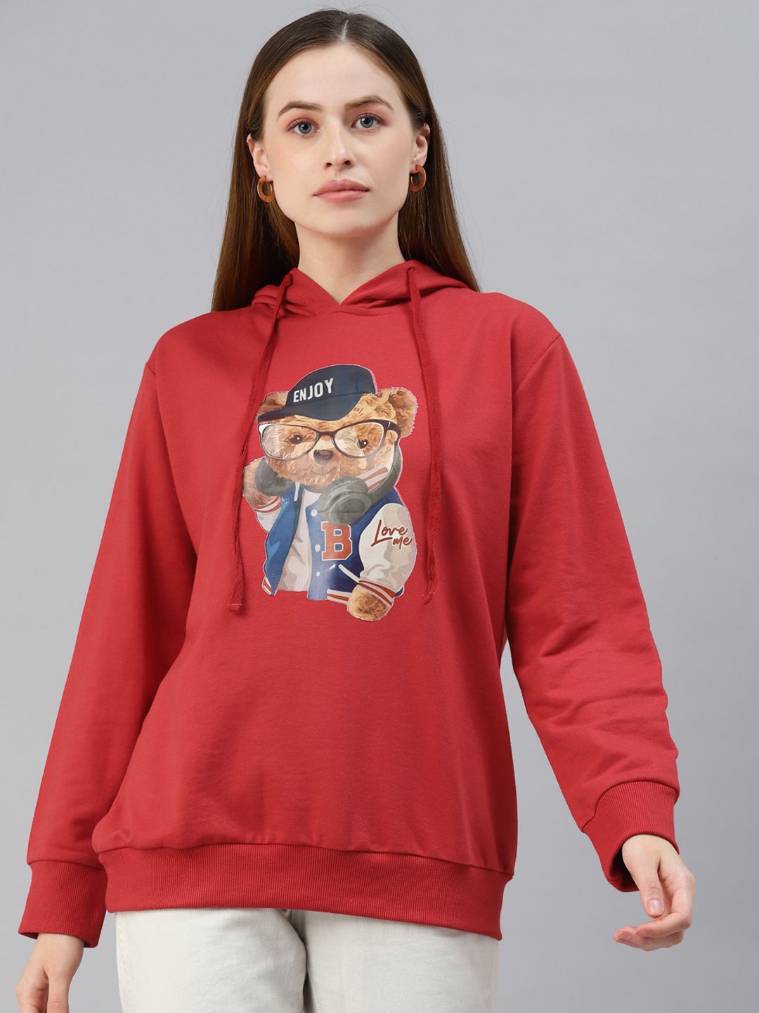 plusS Plus Size Women Red Printed Fleece Hooded Sweatshirt Price in India