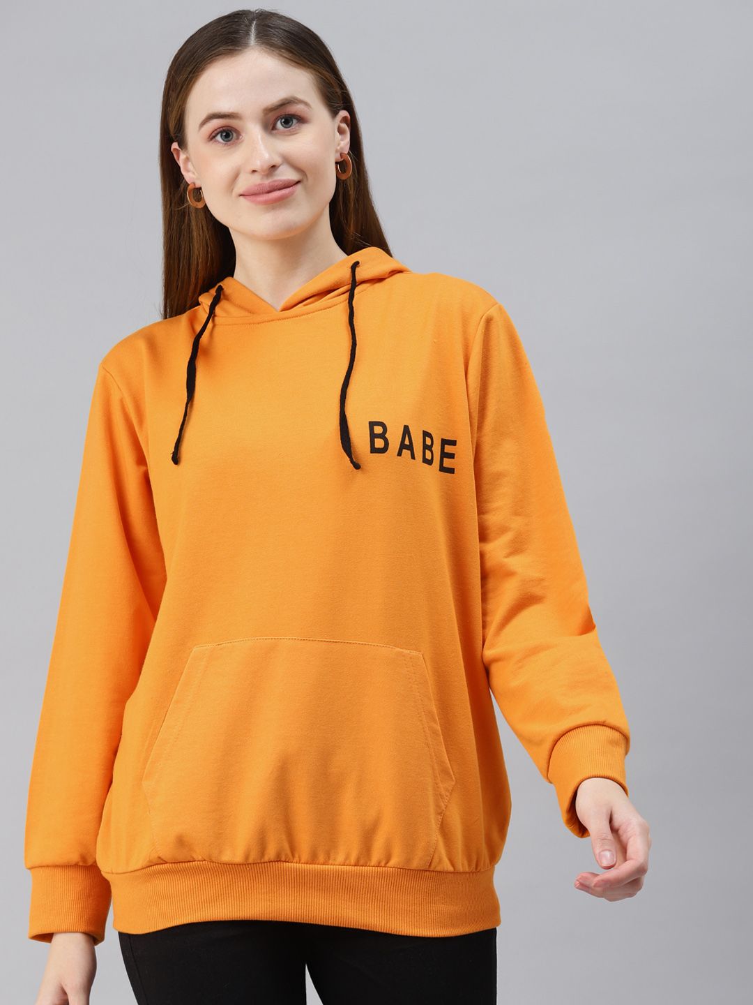 plusS Plus Size Women Orange Printed Fleece Hooded Sweatshirt Price in India