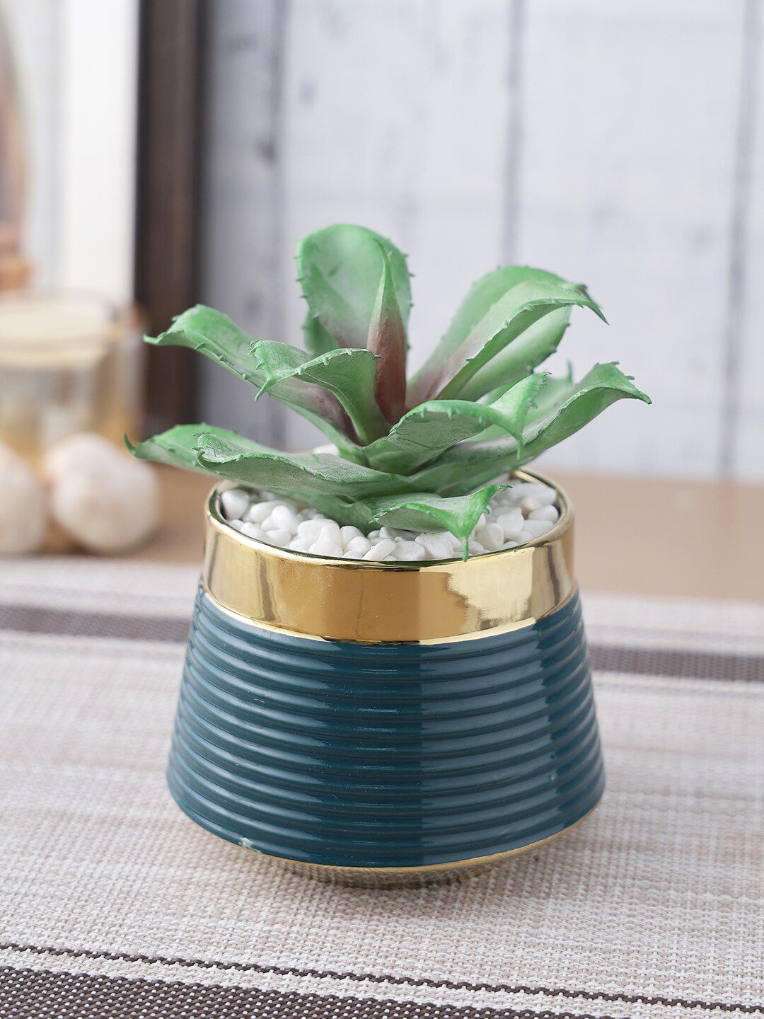 House Of Accessories Green & Navy Blue Potted Artificial Plant With Pot Price in India