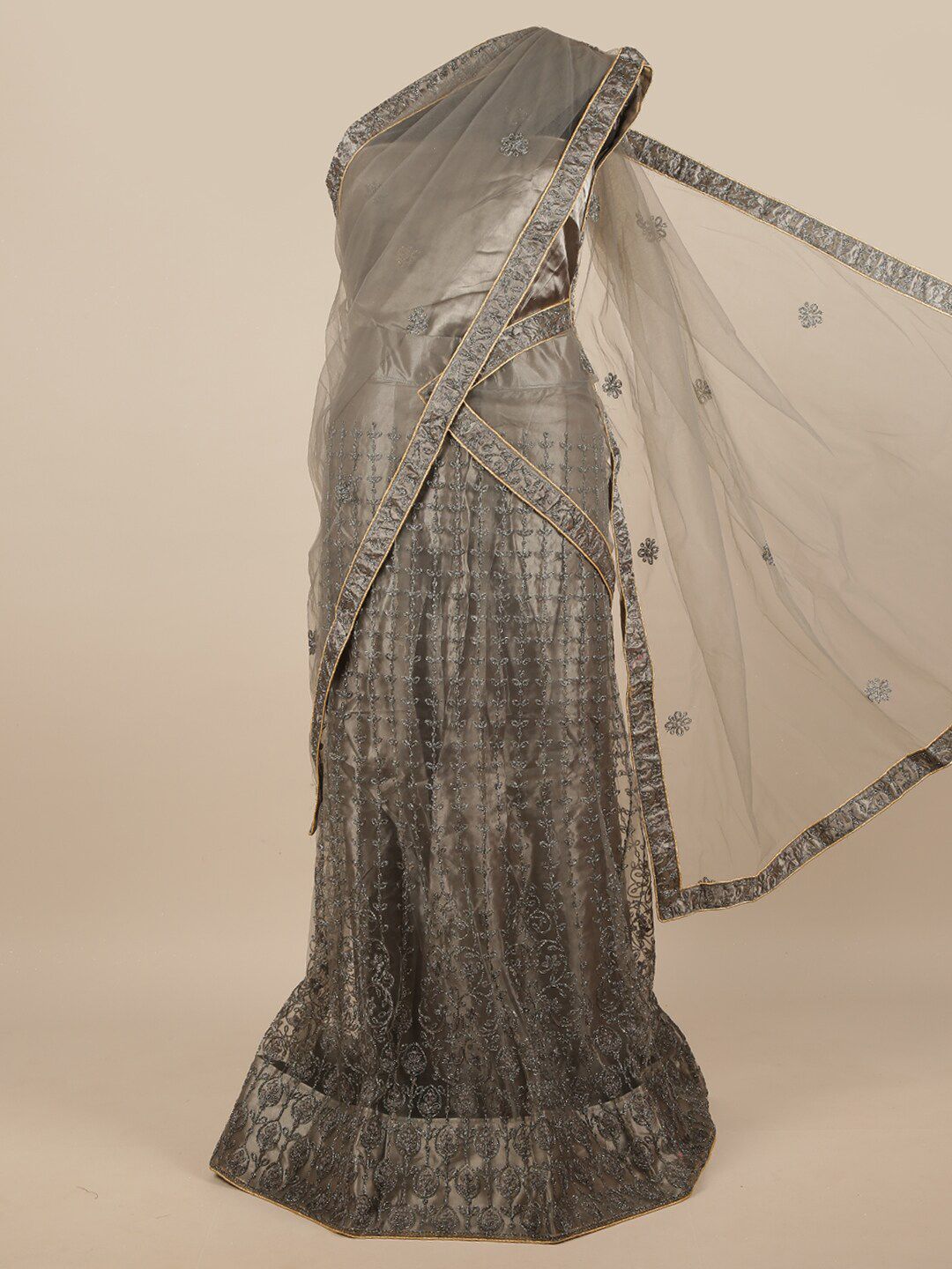 Pothys Grey Embellished Unstitched Lehenga & Blouse With Dupatta Price in India