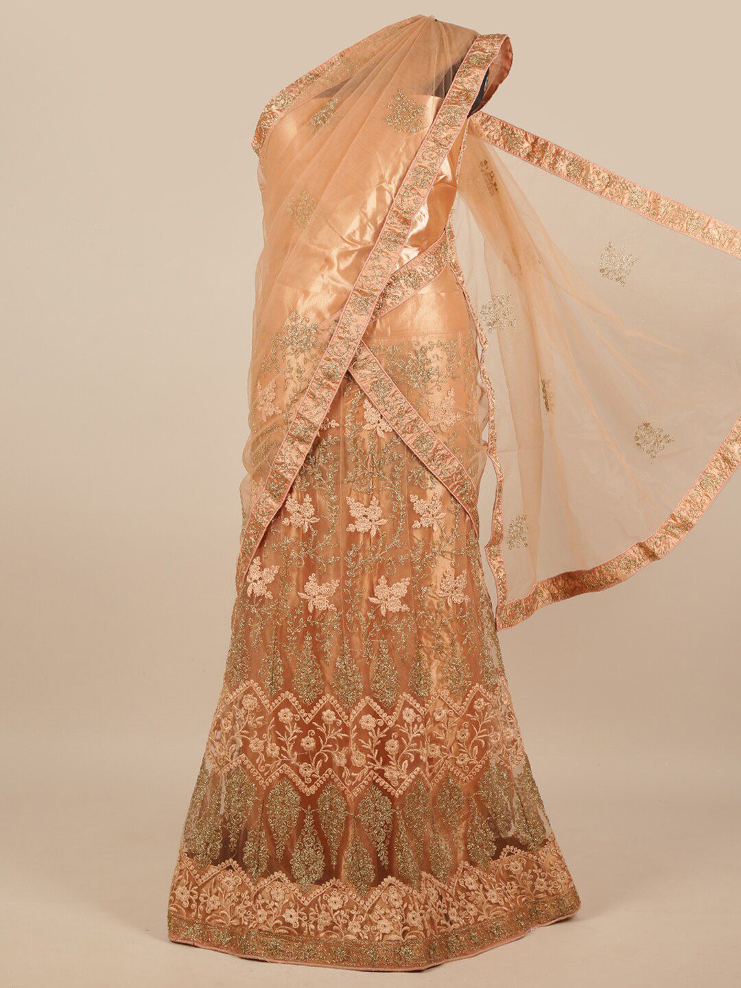 Pothys Peach-Coloured & Gold-Toned Embroidered Thread Work Unstitched Lehenga & Blouse With Dupatta Price in India