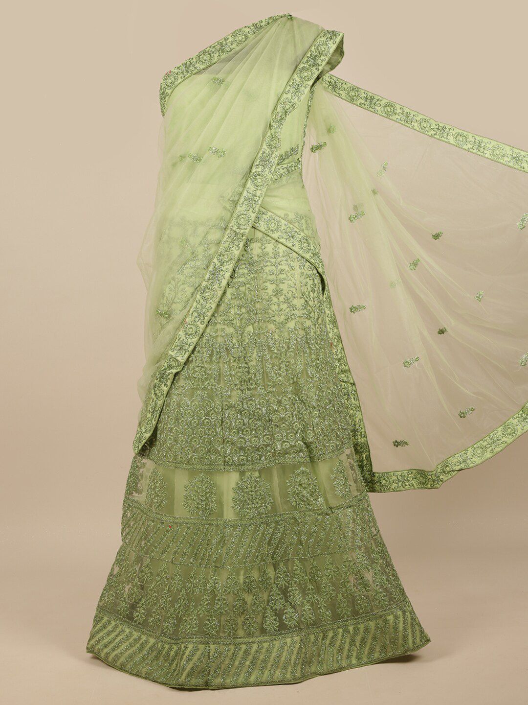 Pothys Green Embroidered Sequinned Unstitched Lehenga & Blouse With Dupatta Price in India