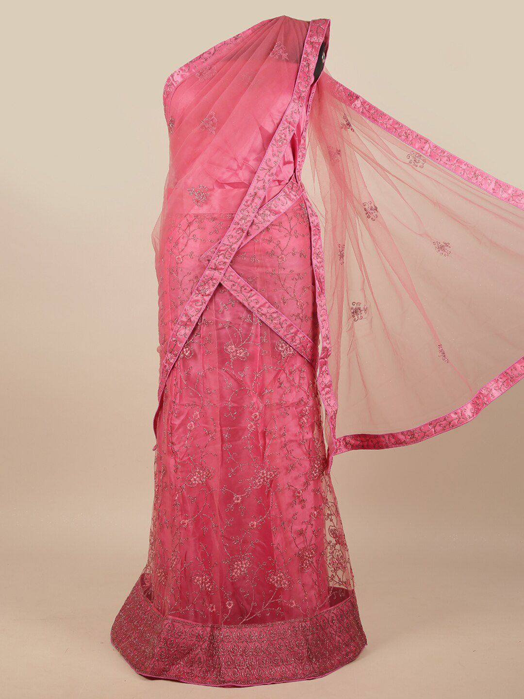 Pothys Pink Embroidered Unstitched Lehenga & Blouse With Dupatta Price in India