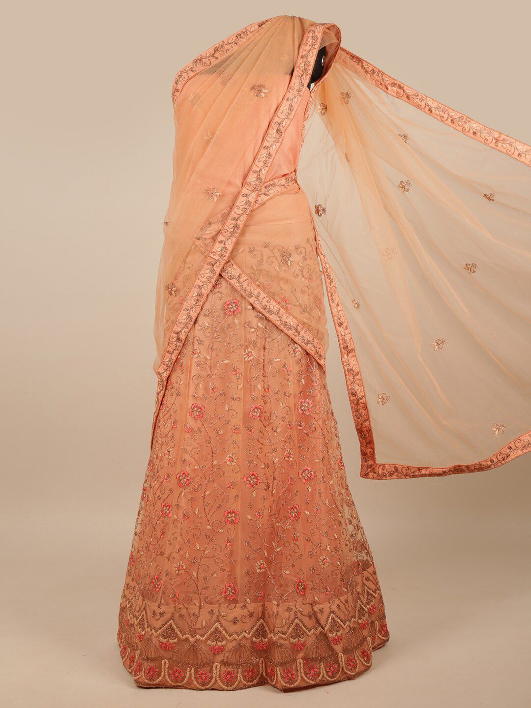 Pothys Woman Peach & Gold-Toned Zardozi Unstitched Lehenga & Blouse With Dupatta Price in India