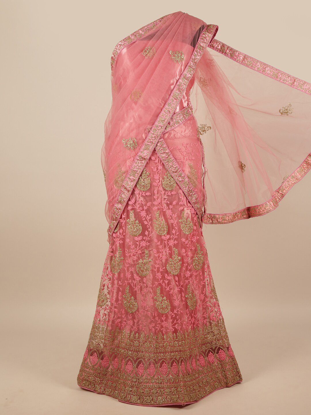 Pothys Pink & Gold-Toned Embroidered Unstitched Lehenga & Blouse With Dupatta Price in India