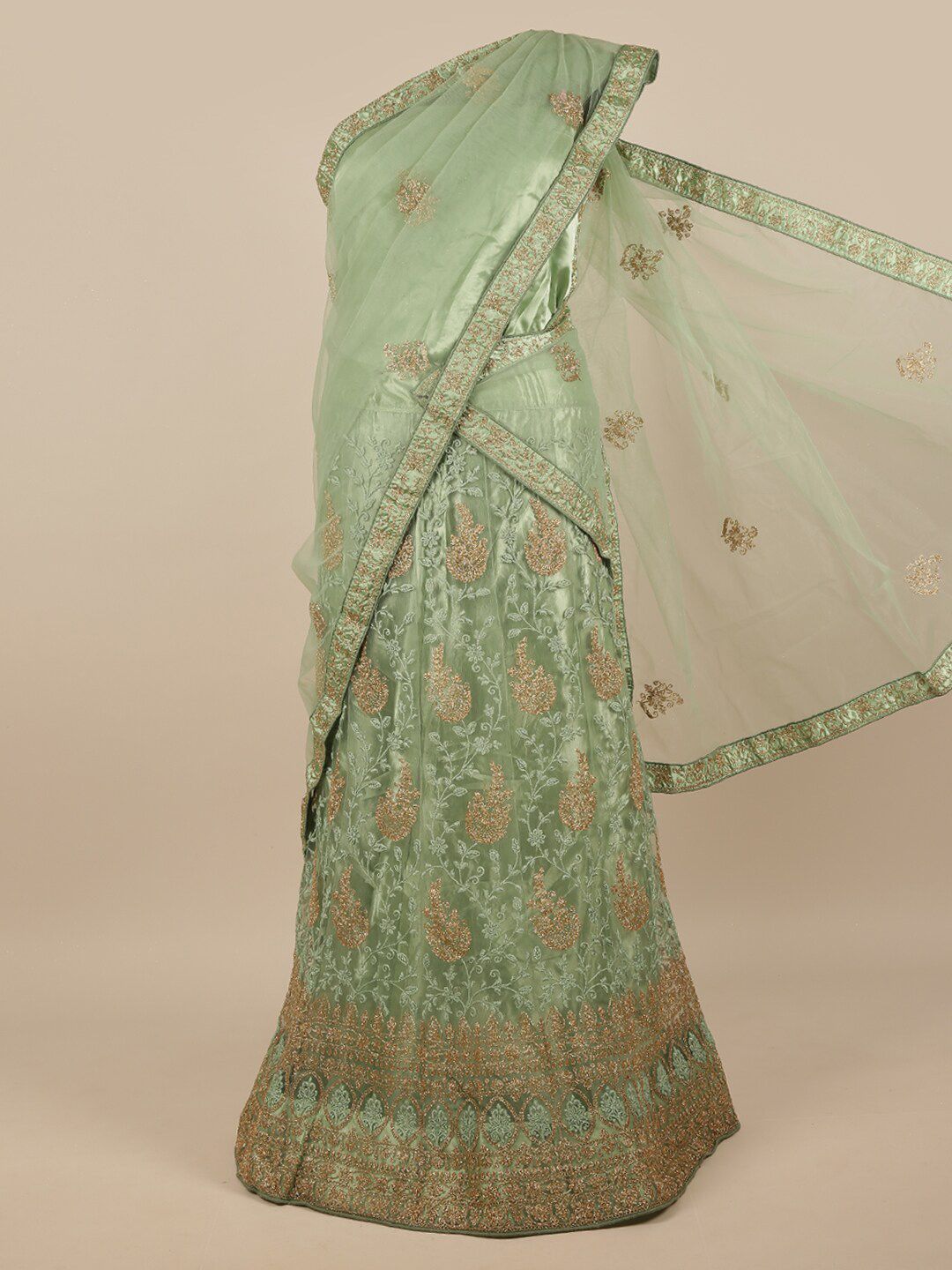 Pothys Green & Gold-Coloured Embroidered Unstitched Lehenga & Blouse With Dupatta Price in India