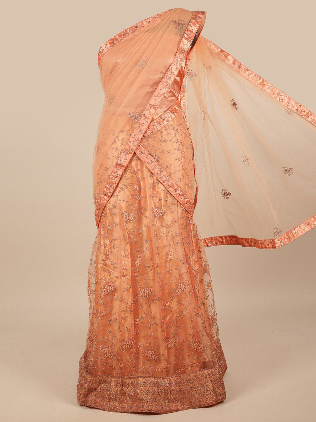 Pothys Peach-Coloured & Gold-Toned Embroidered Zardozi Unstitched Lehenga & Blouse With Dupatta Price in India