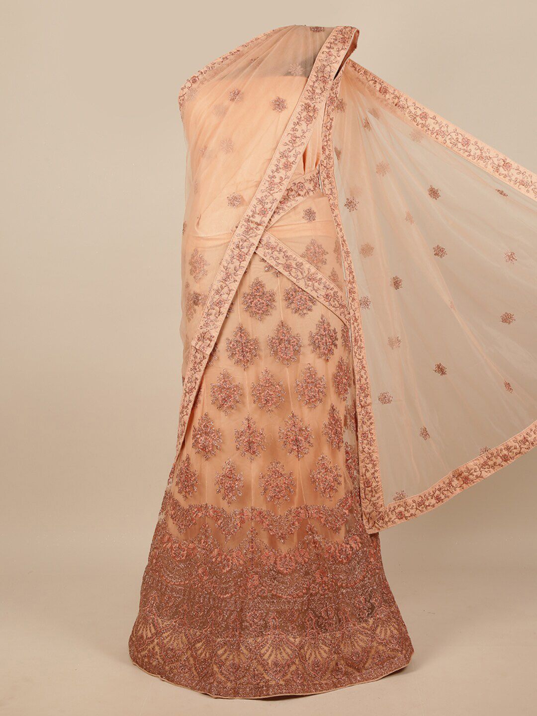 Pothys Peach-Coloured & Gold Embroidered Zardozi Unstitched Lehenga & Blouse With Dupatta Price in India