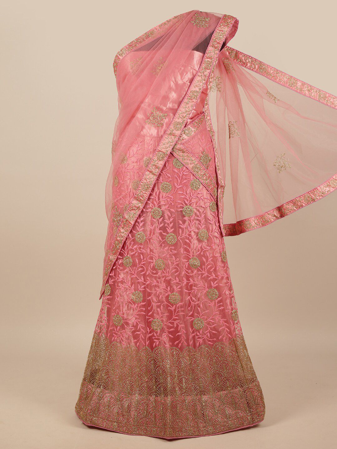 Pothys Woman Pink & Gold-Toned Embroidered Unstitched Lehenga & Blouse With Dupatta Price in India