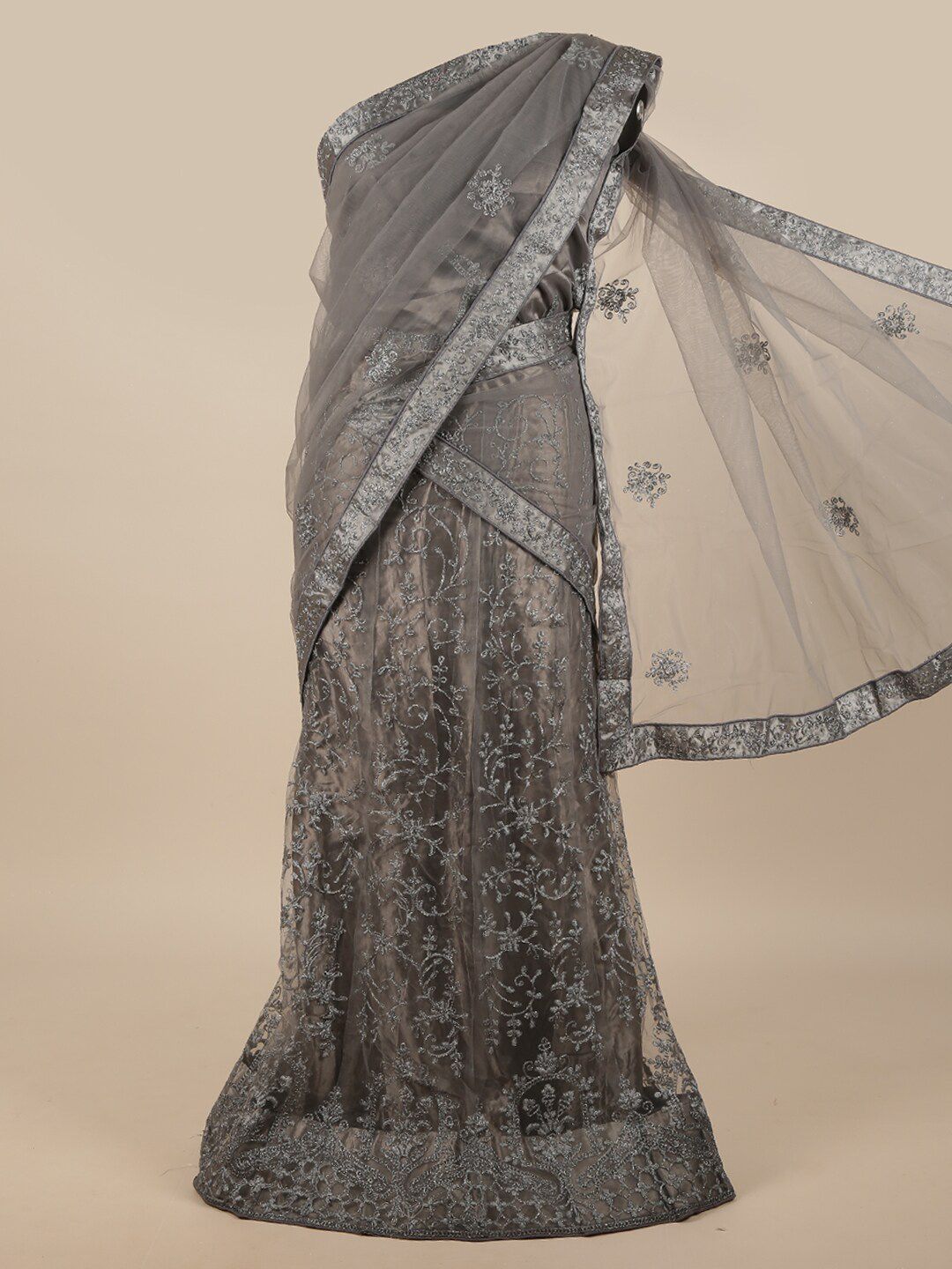 Pothys Grey Embroidered Unstitched Lehenga & Blouse With Dupatta Price in India