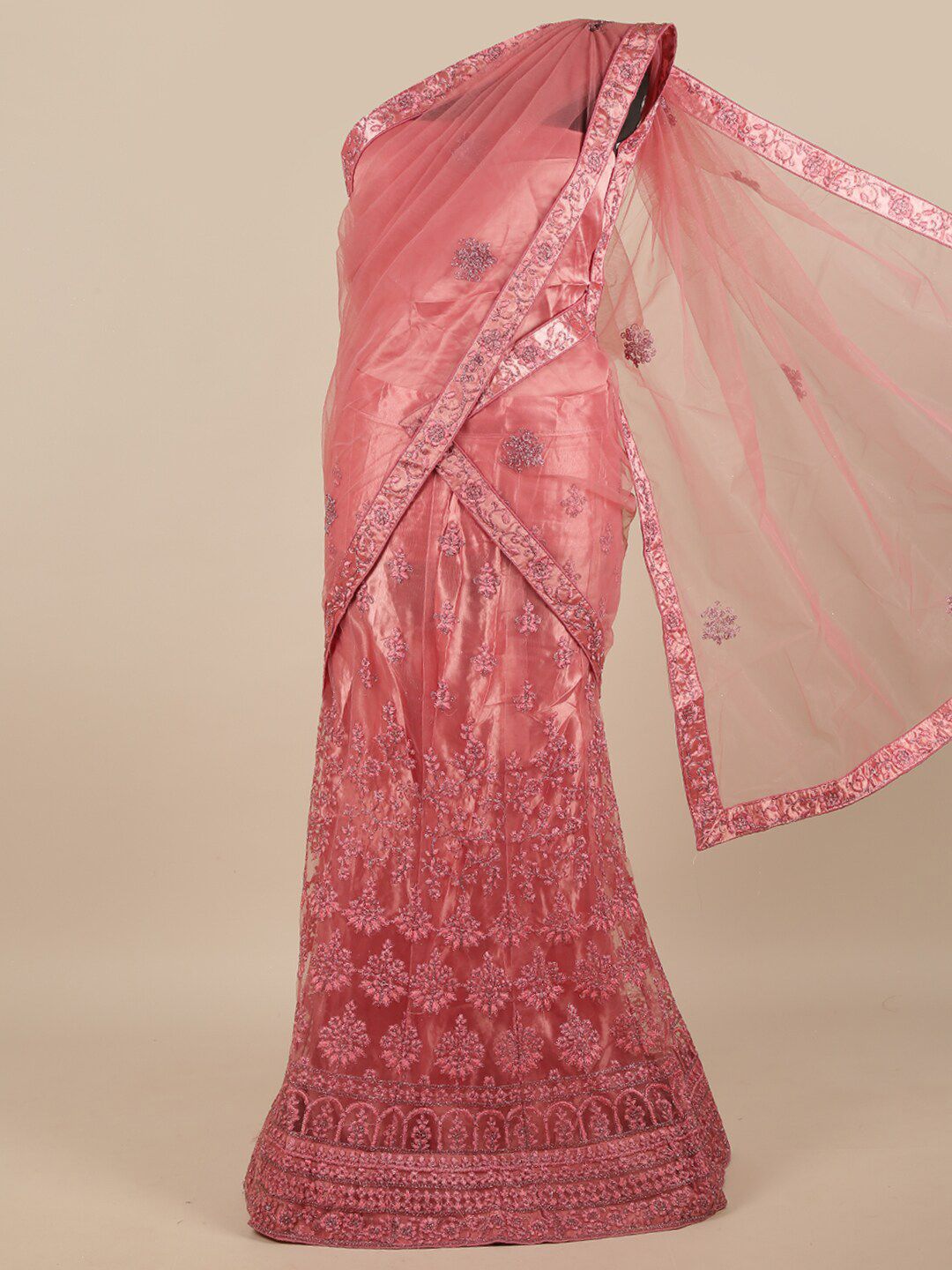 Pothys Pink & Gold-Toned Embroidered Zardozi Unstitched Lehenga & Blouse With Dupatta Price in India