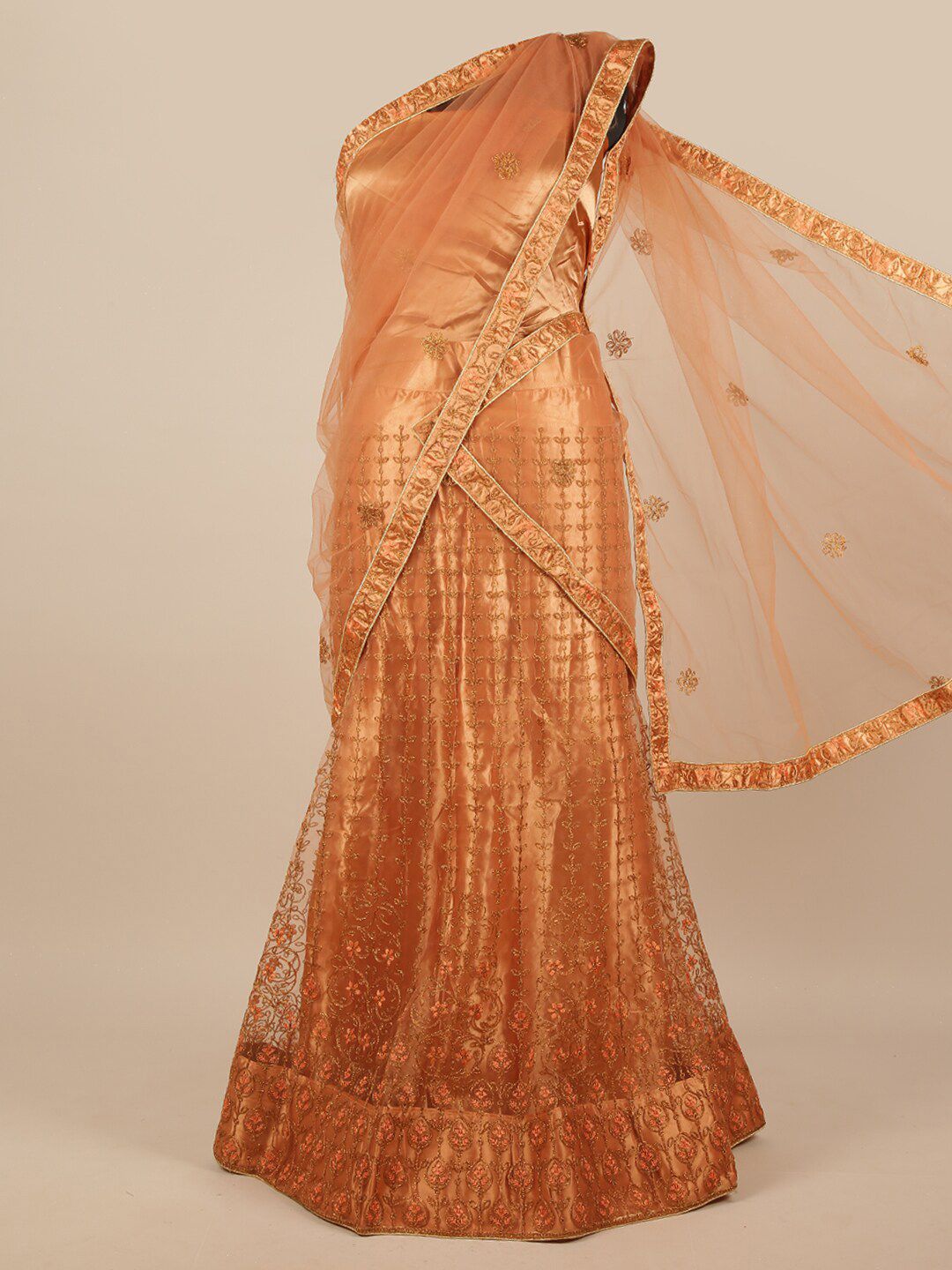 Pothys Peach-Coloured & Gold-Coloured Embroidered Unstitched Lehenga & Blouse With Dupatta Price in India