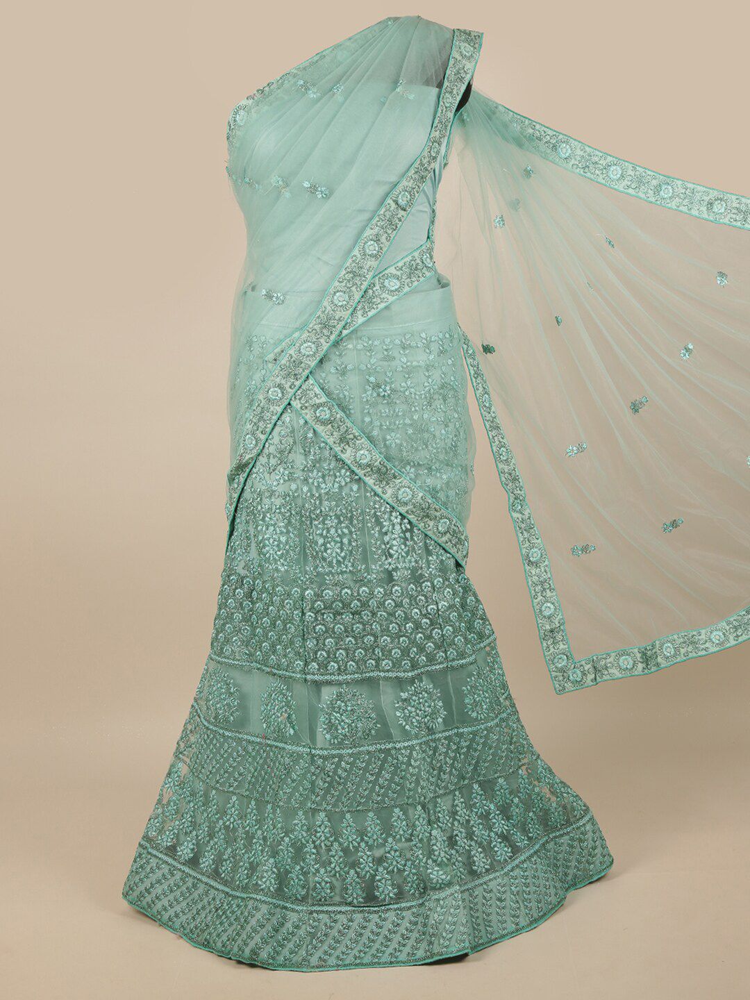 Pothys Green & Silver Embroidered Zardozi Unstitched Lehenga & Blouse With Dupatta Price in India