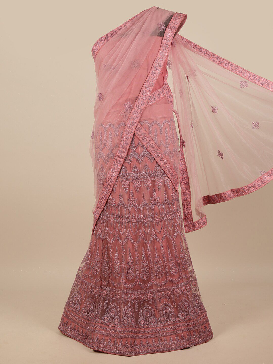 Pothys Pink Embroidered Unstitched Lehenga & Blouse With Dupatta Price in India