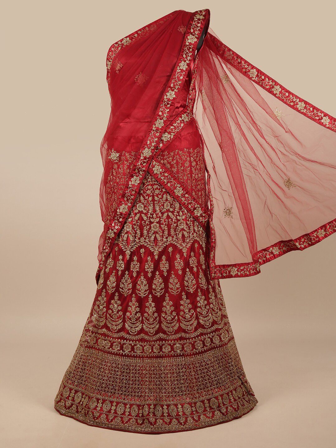 Pothys Maroon & Gold-Toned Embroidered Unstitched Lehenga & Blouse With Dupatta Price in India
