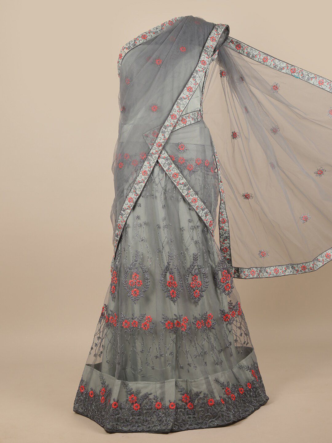 Pothys Grey & Red Embroidered Unstitched Lehenga & Blouse With Net Dupatta Price in India