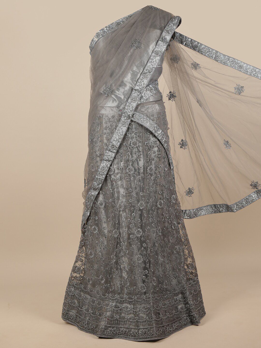 Pothys Grey Embroidered Unstitched Lehenga & Blouse With Dupatta Price in India