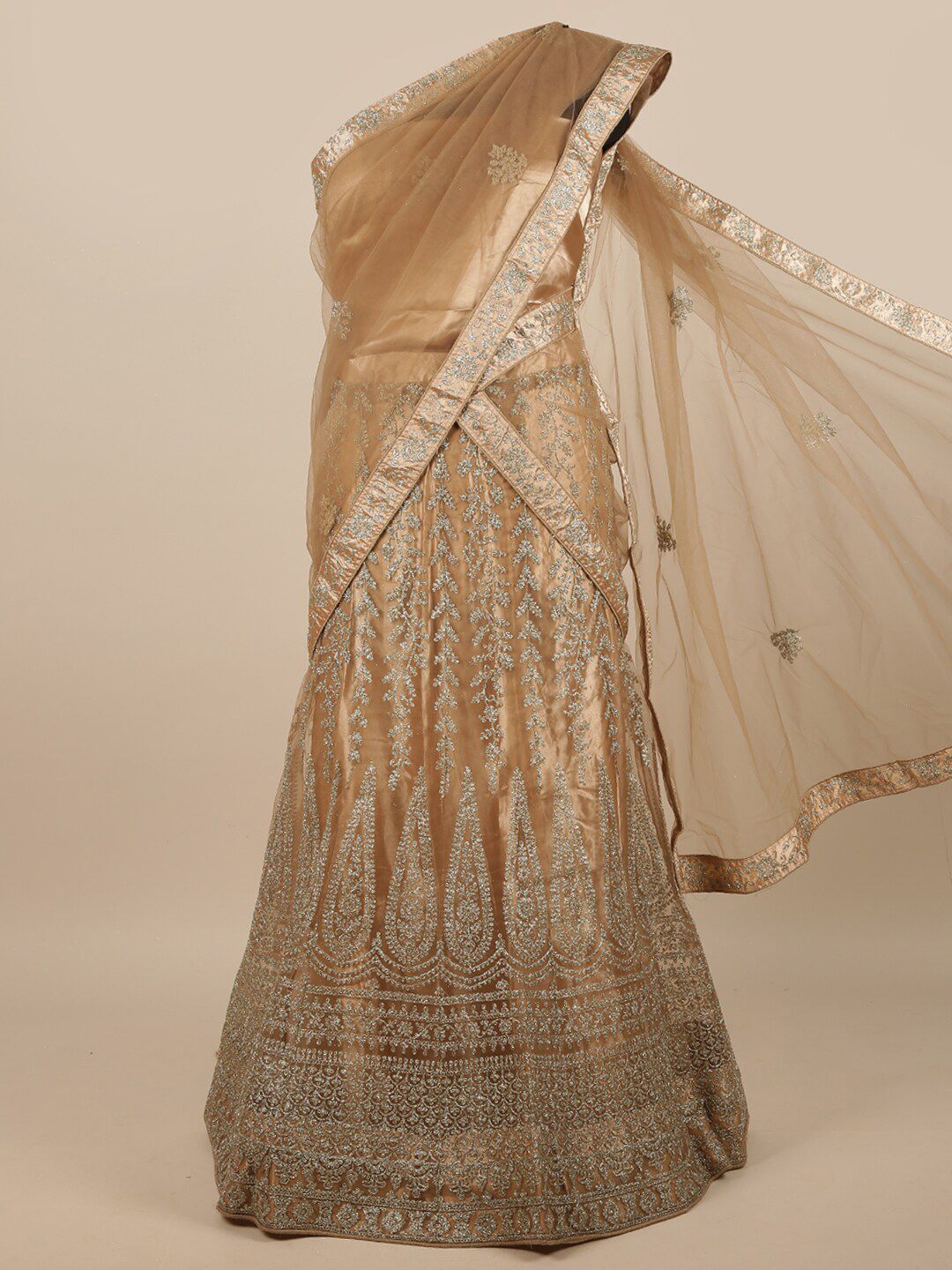 Pothys Cream-Coloured & Gold-Toned Embroidered Thread Work Unstitched Lehenga & Blouse With Dupatta Price in India