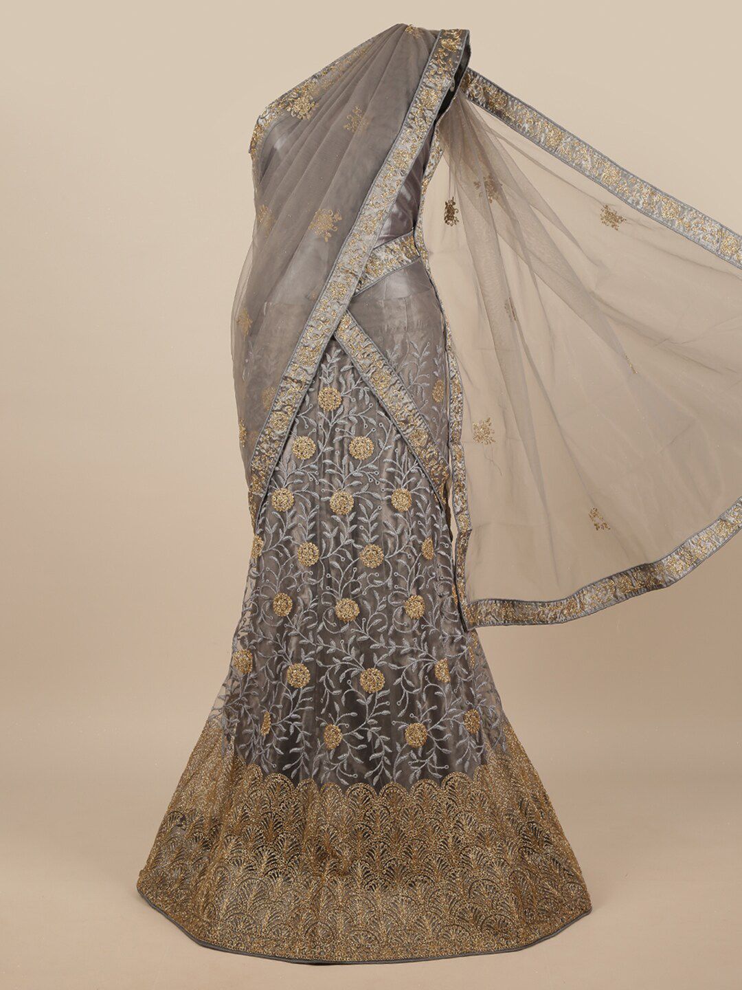 Pothys Grey & Gold-Toned Embroidered Unstitched Lehenga & Blouse With Dupatta Price in India