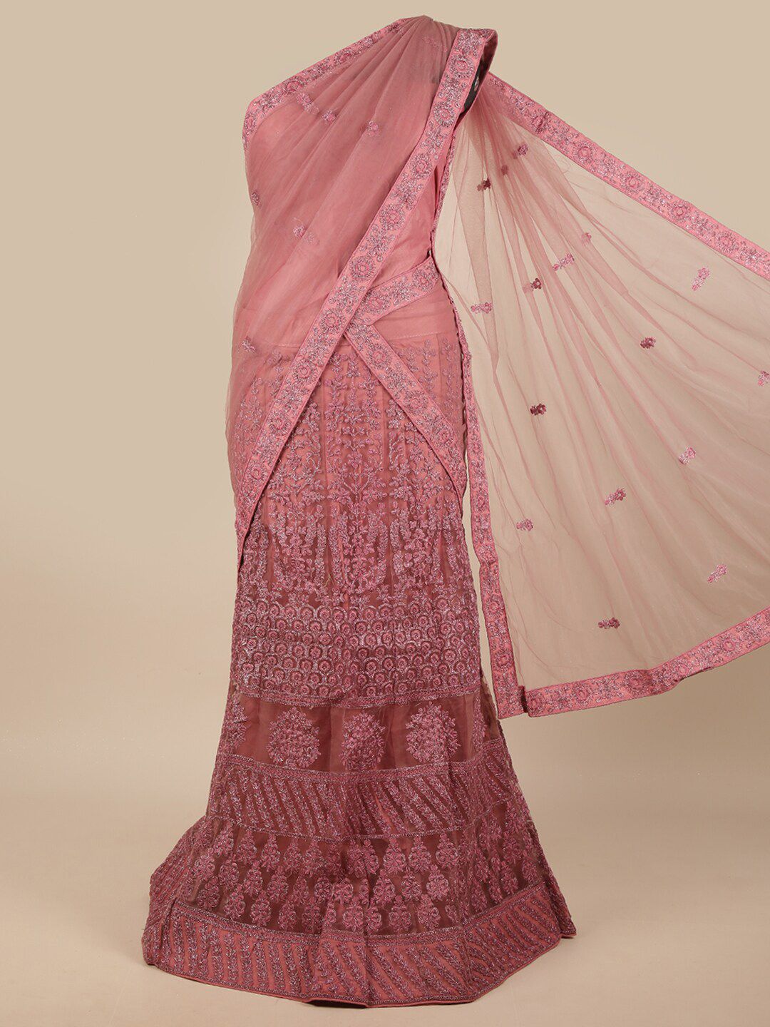 Pothys Pink & Silver-Toned Embroidered Unstitched Lehenga & Blouse With Dupatta Price in India