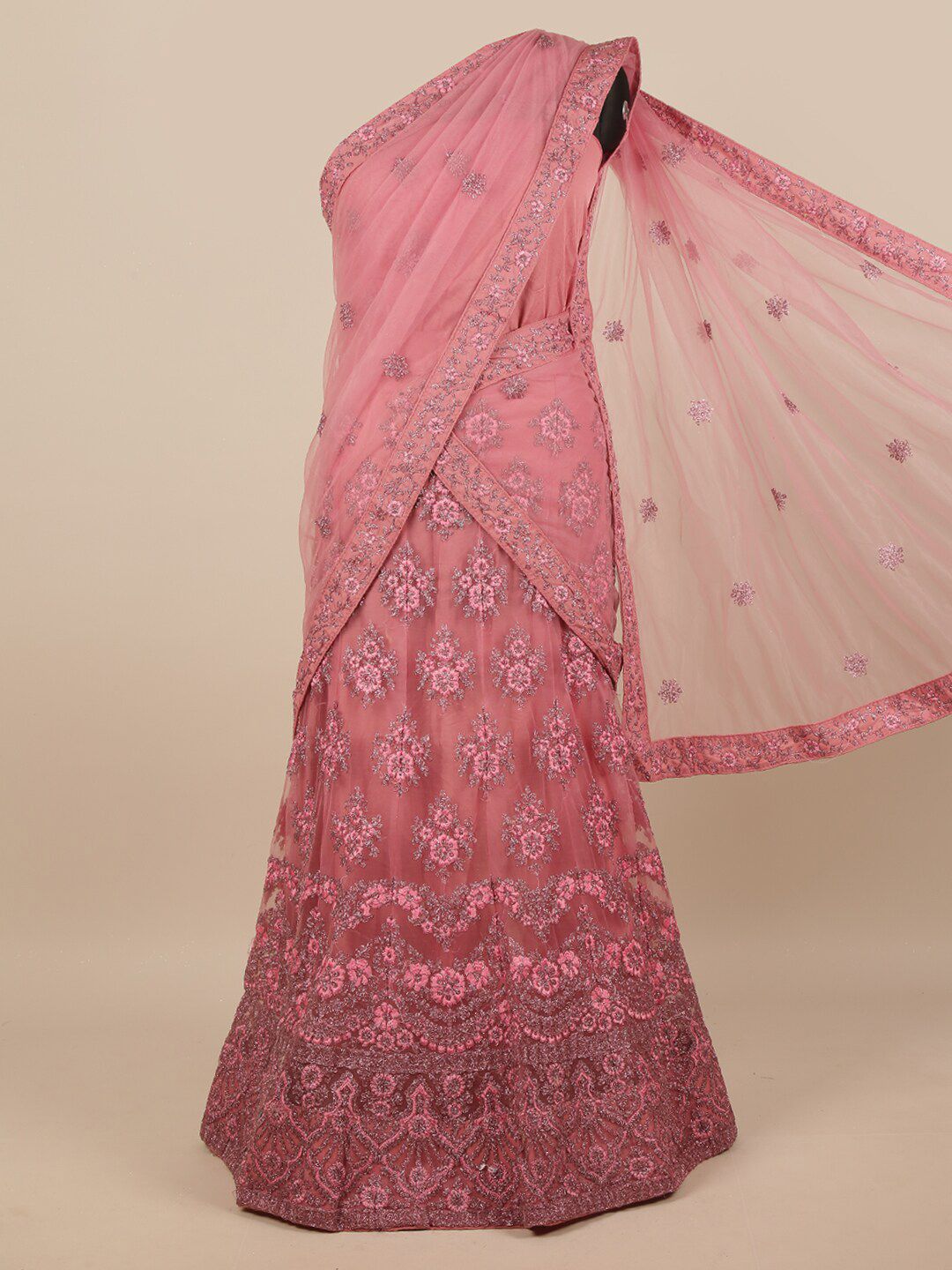 Pothys Pink & Silver-Toned Embroidered Zardozi Unstitched Lehenga & Blouse With Dupatta Price in India