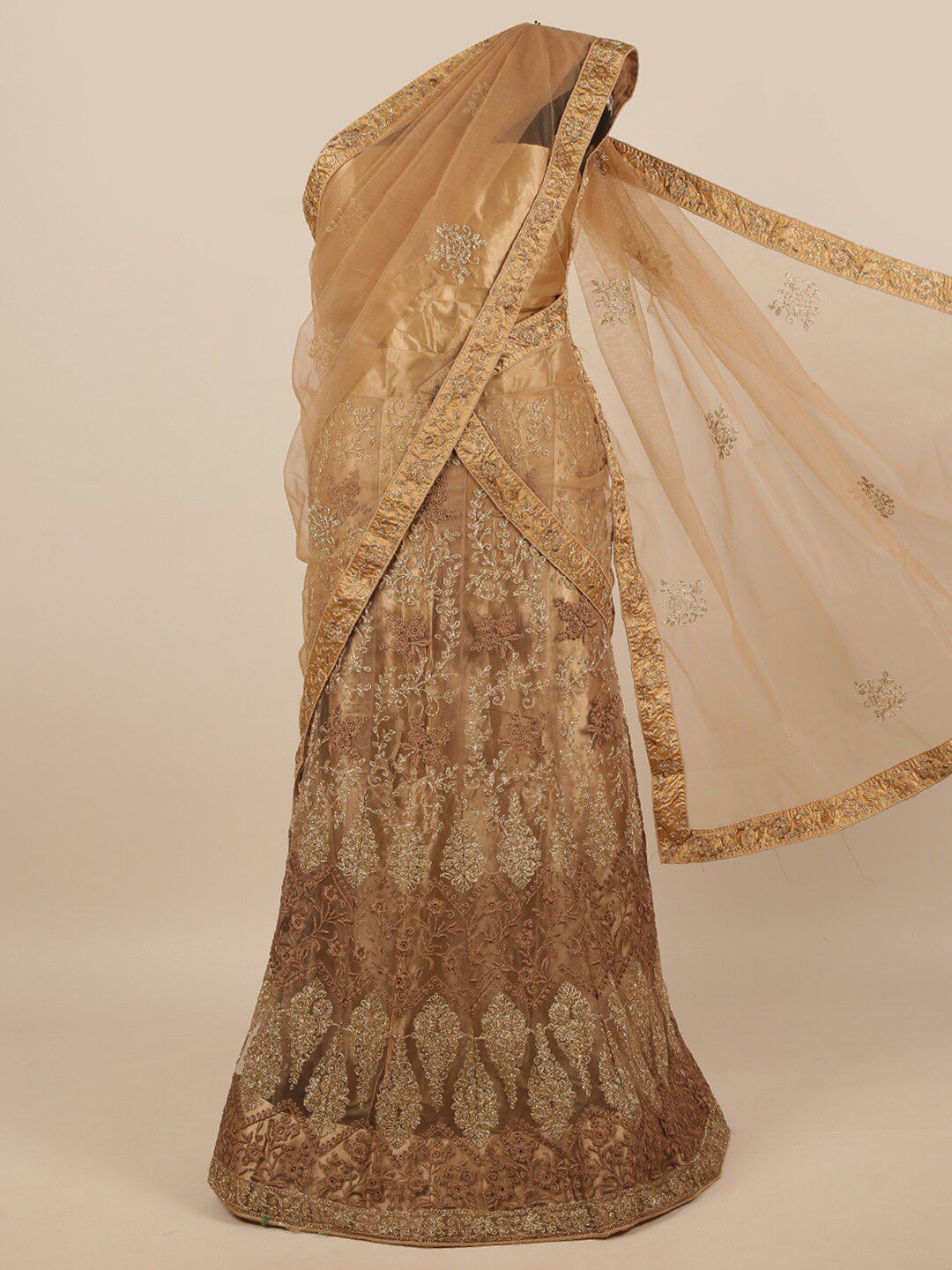 Pothys Brown & Silver Embroidered Zardozi Unstitched Lehenga & Blouse With Dupatta Price in India