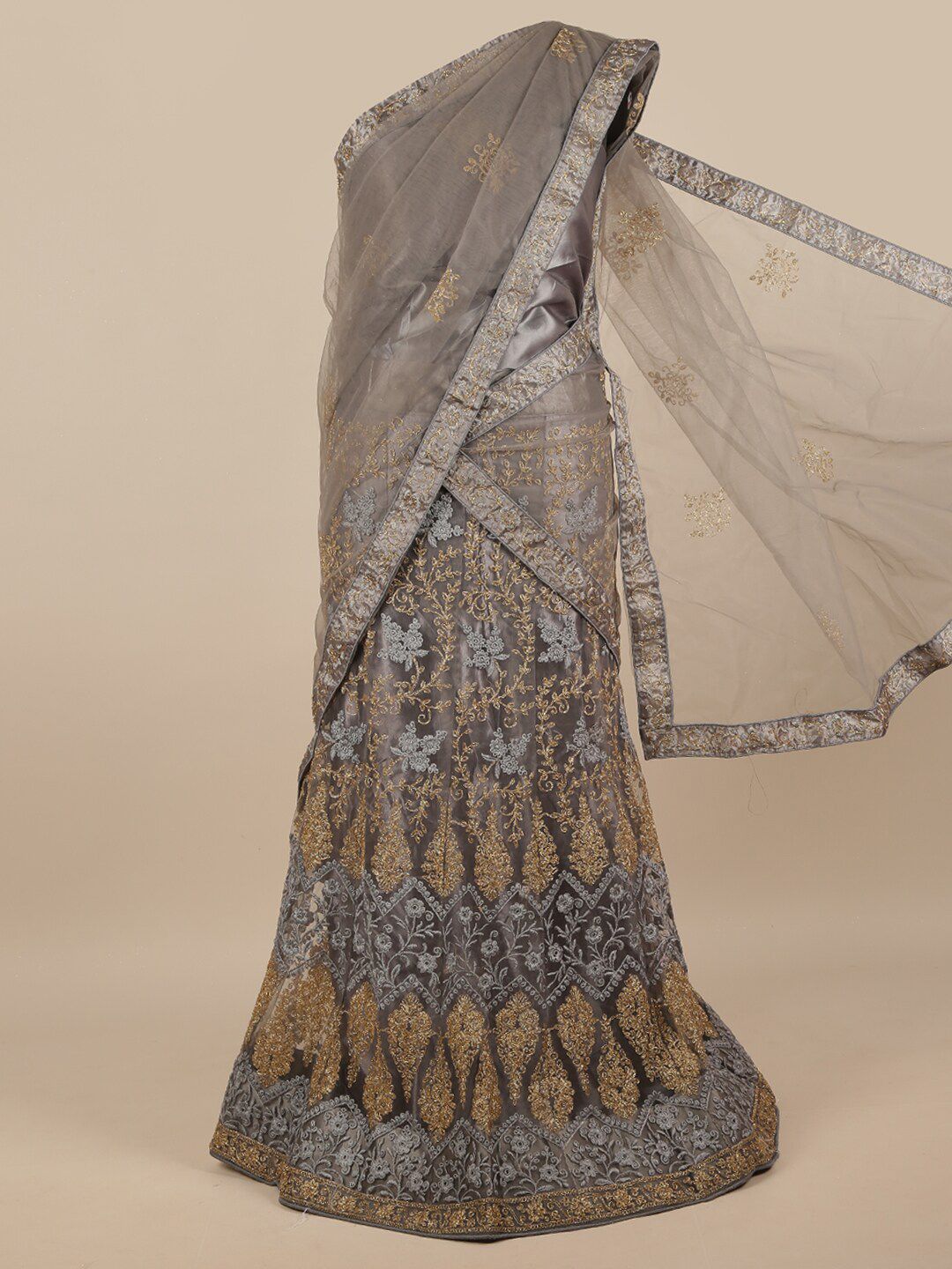 Pothys Grey & Gold-Toned Embroidered Unstitched Lehenga & Blouse With Dupatta Price in India