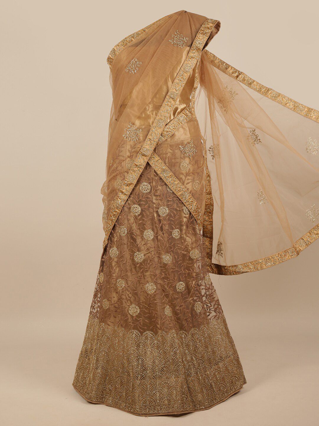 Pothys Brown & Gold-Toned Embroidered Unstitched Lehenga & Blouse With Dupatta Price in India