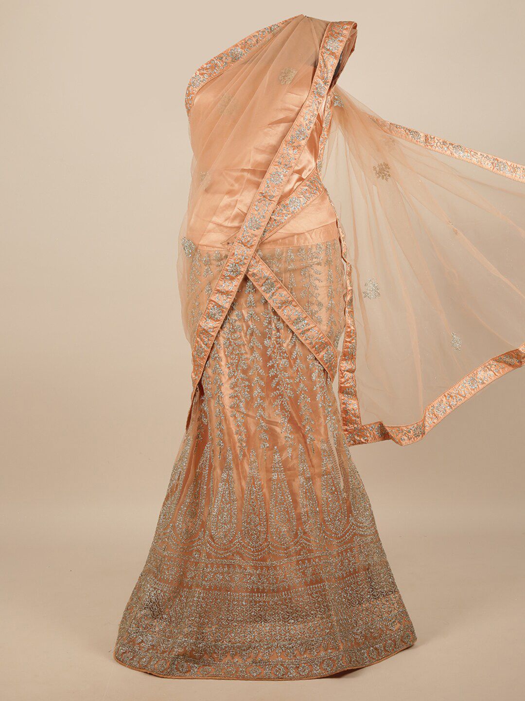 Pothys Peach-Coloured & Gold-Toned Embroidered Unstitched Lehenga & Blouse With Dupatta Price in India