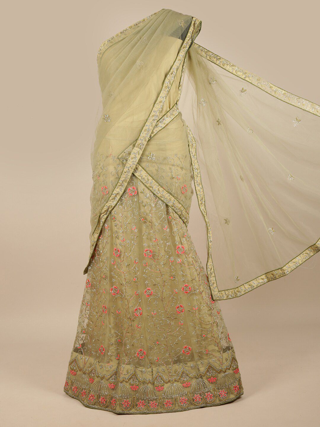 Pothys Green & Silver-Toned Embroidered Zardozi Unstitched Lehenga & Blouse With Dupatta Price in India