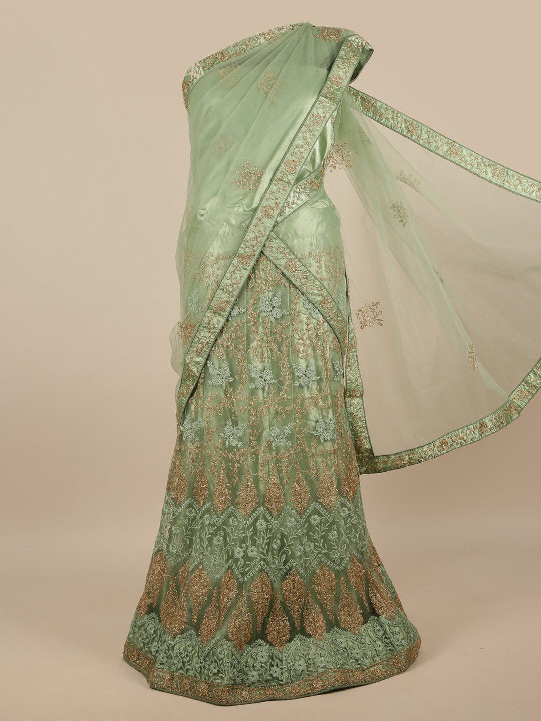 Pothys Green & Gold-Coloured Embroidered Unstitched Lehenga & Blouse With Dupatta Price in India
