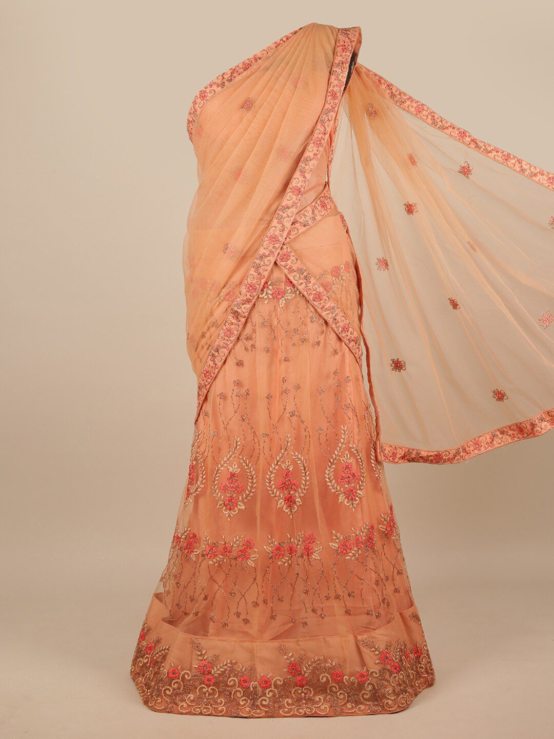 Pothys Peach & Gold Embroidered Thread Work Unstitched Lehenga Blouse & Dupatta Price in India