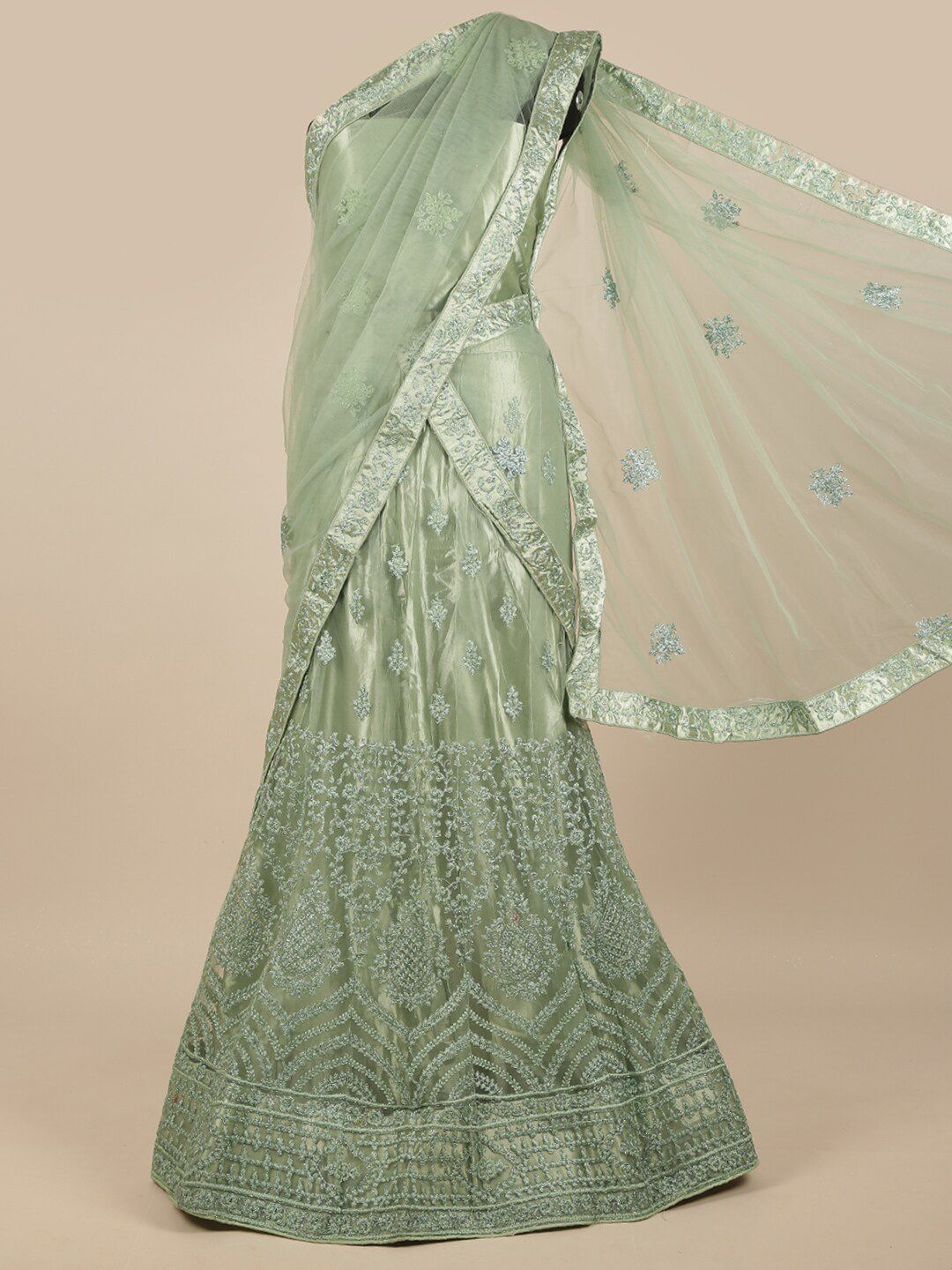 Pothys Green & Silver-Toned Embroidered Zardozi Unstitched Lehenga & Blouse With Dupatta Price in India